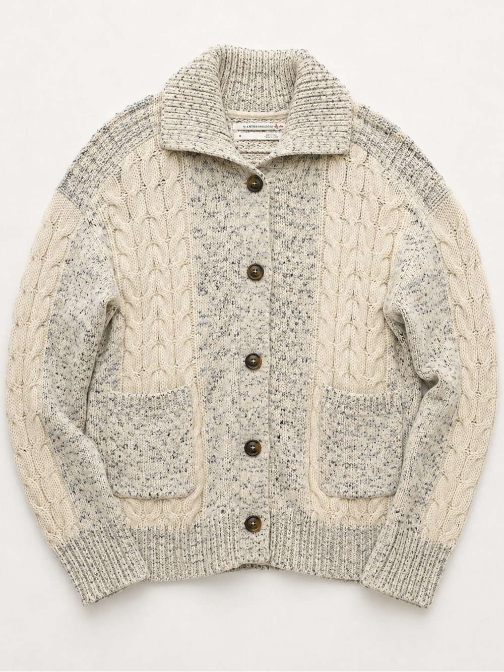 Anthropologie Cable Knit Marled Grandpa Cardigan Collared Pocket Sweater M